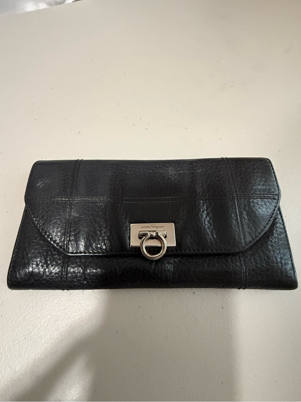 Salvatore Ferragamo Black Leather Women's Wallet with Silver Hardware